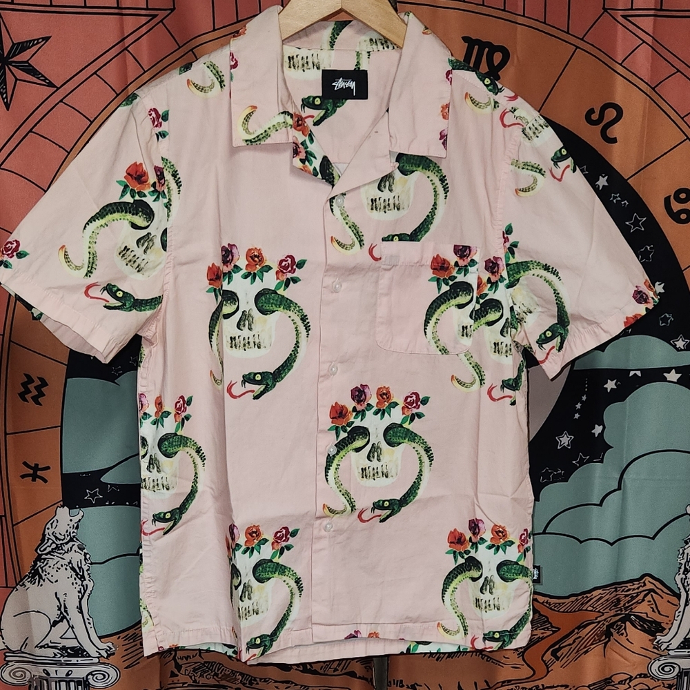 Stussy Pink Shirt with Snakes & Skulls  Print - Mens S/P - Picture 4 of 6